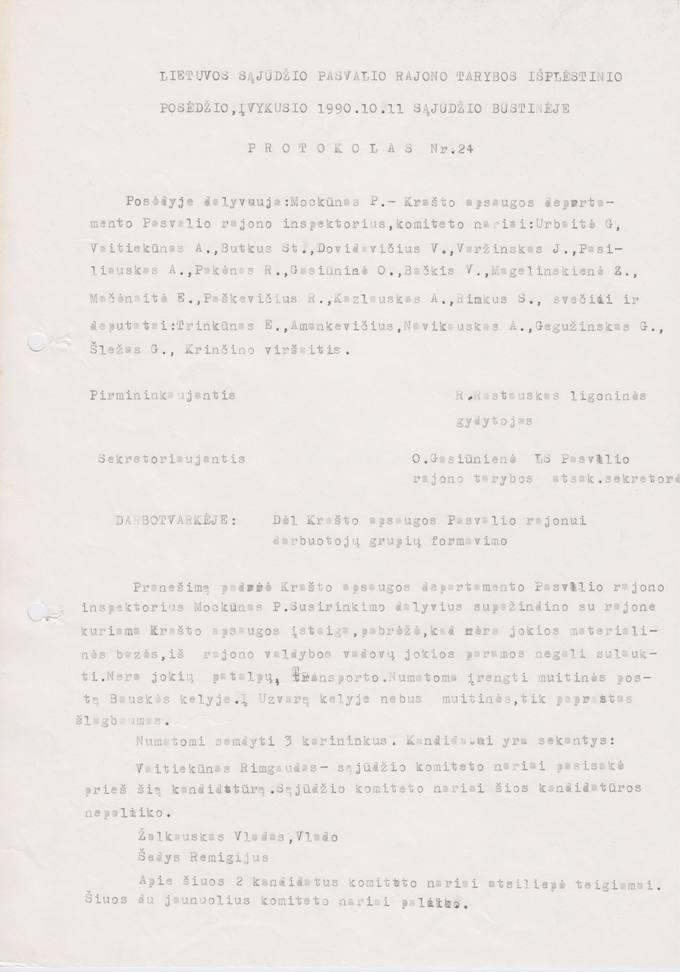 Lietuvos Sąjūdžio Pasvalio rajono tarybos išplėstinio posėdžio, įvykusio 1990.10.11 Sąjūdžio būstinėje, PROTOKOLAS Nr. 24